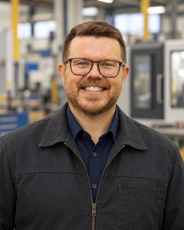 Portrait of Andrew Finkle in dark engineering workwear.