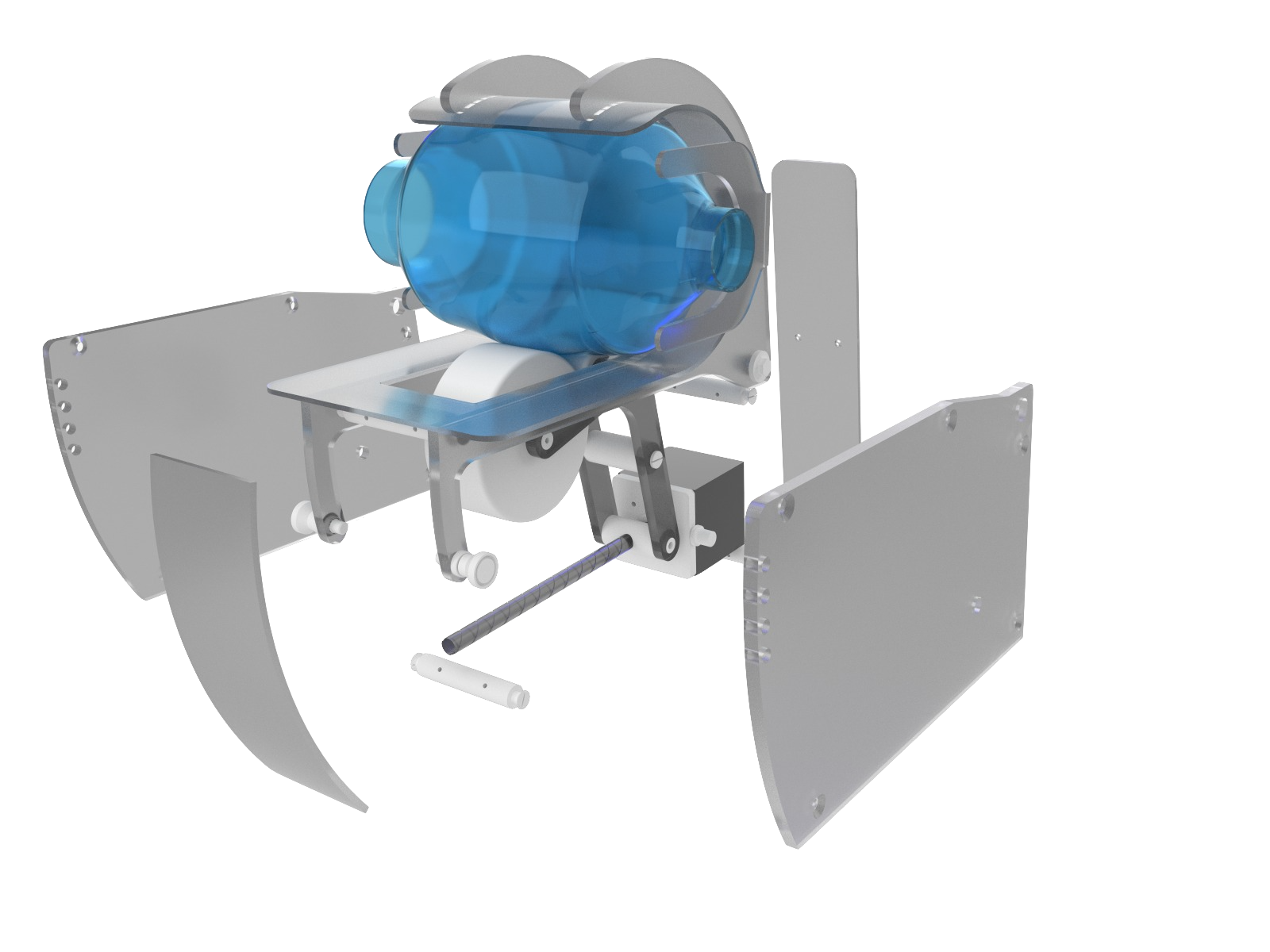 Exploded rendering of an OpenLung prototype, showing its bag-compression mechanism and enclosure.