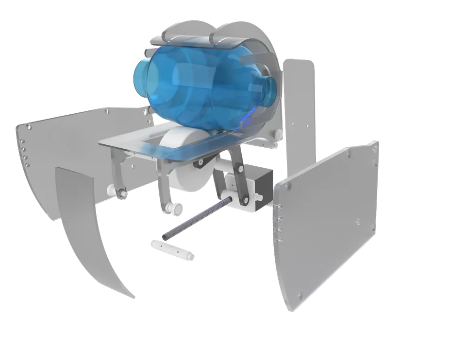 Exploded rendering of an OpenLung prototype, showing its bag-compression mechanism and enclosure.