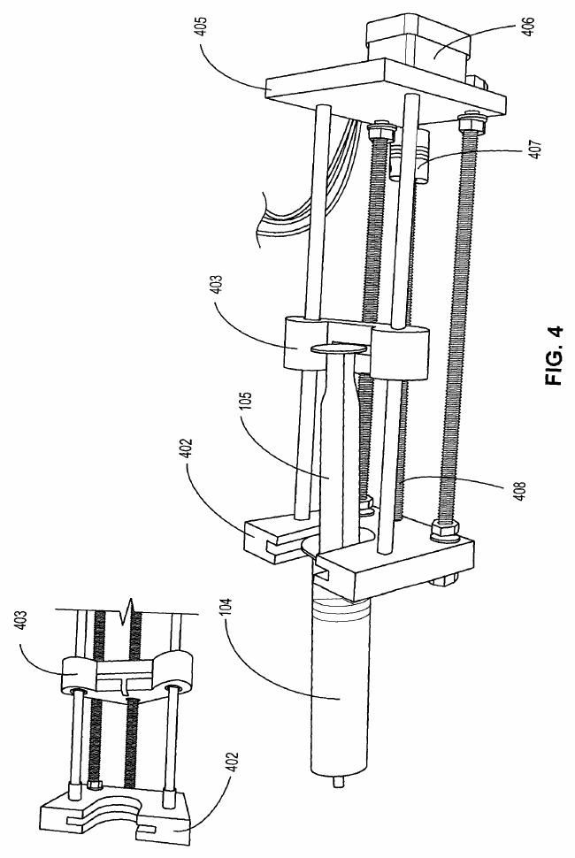 Figure 4 of US10987845B2: detailed cartridge extruder drive mechanism and plunger assembly.